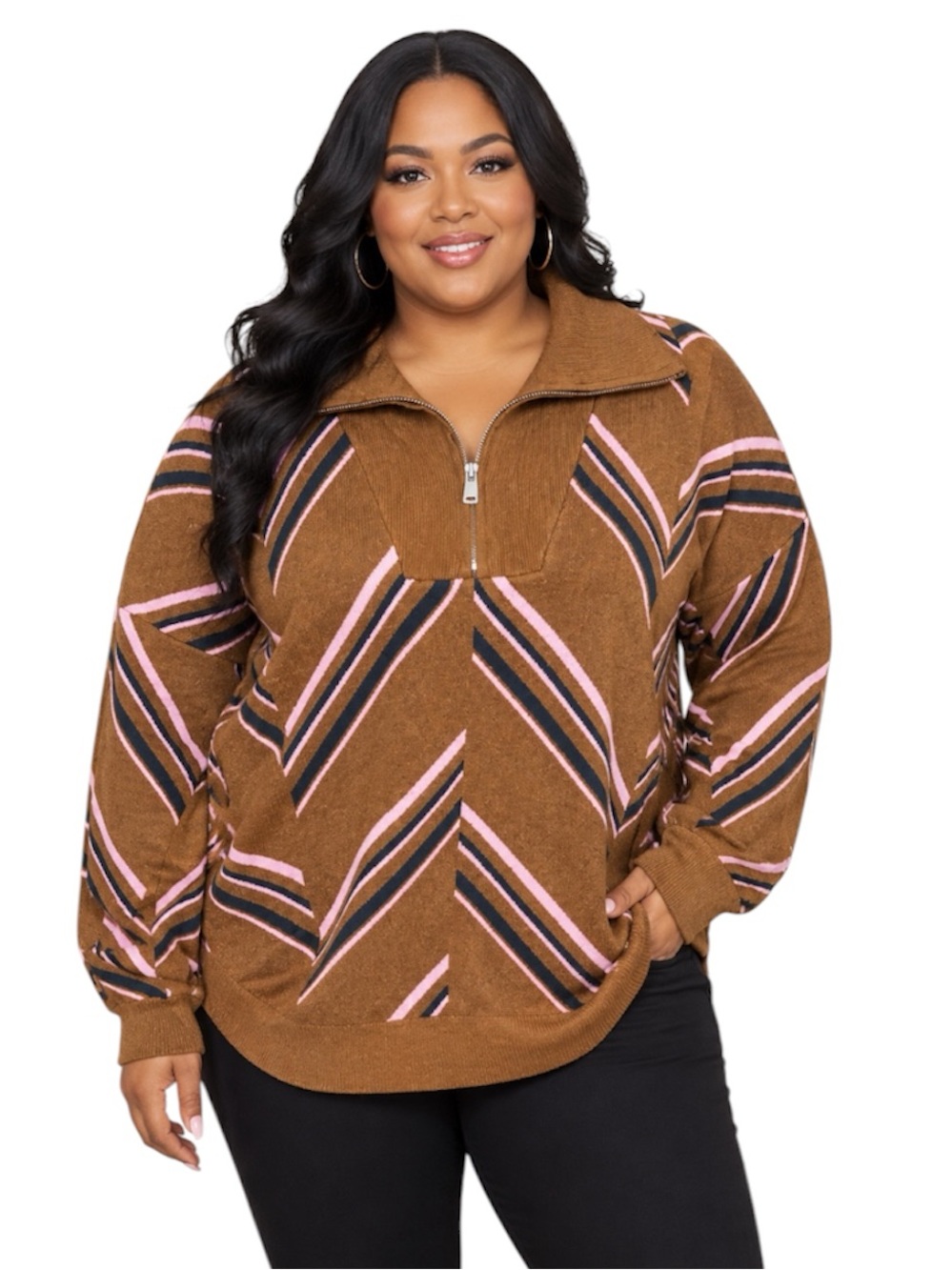 Nine West Plus Size Brown Chevron Half-Zip Pullover
